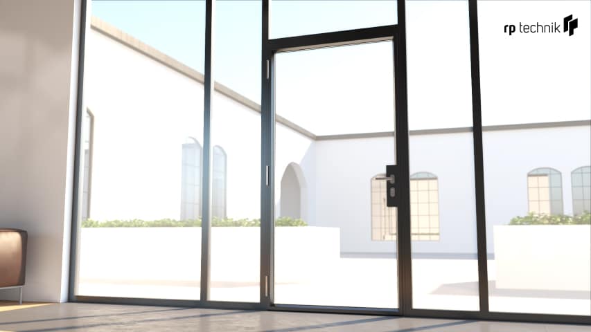 The interior view of steel windows and a door in a contemporary home.