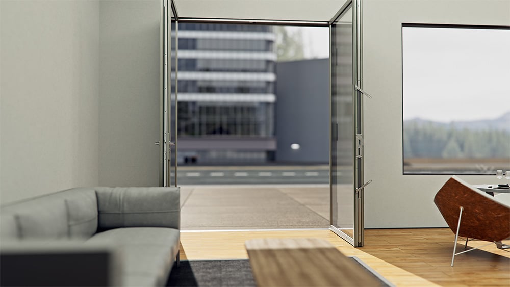 An interior view of a steel door inward opening option.