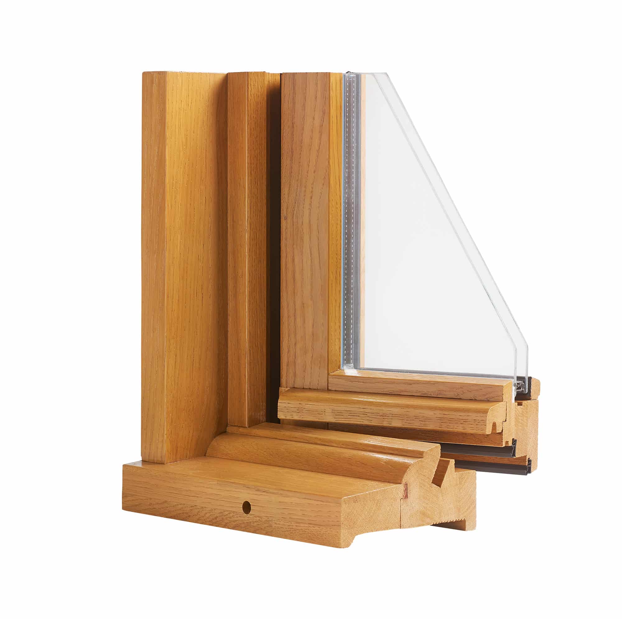 A cross-section of a wood window detailing the thermal break.